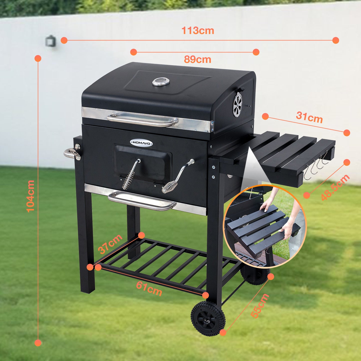 HOMAVO Charcoal Grill, Grill Surface: 56 × 42.5 cm, Height Adjustable Carbon Tub, Foldable Side Table