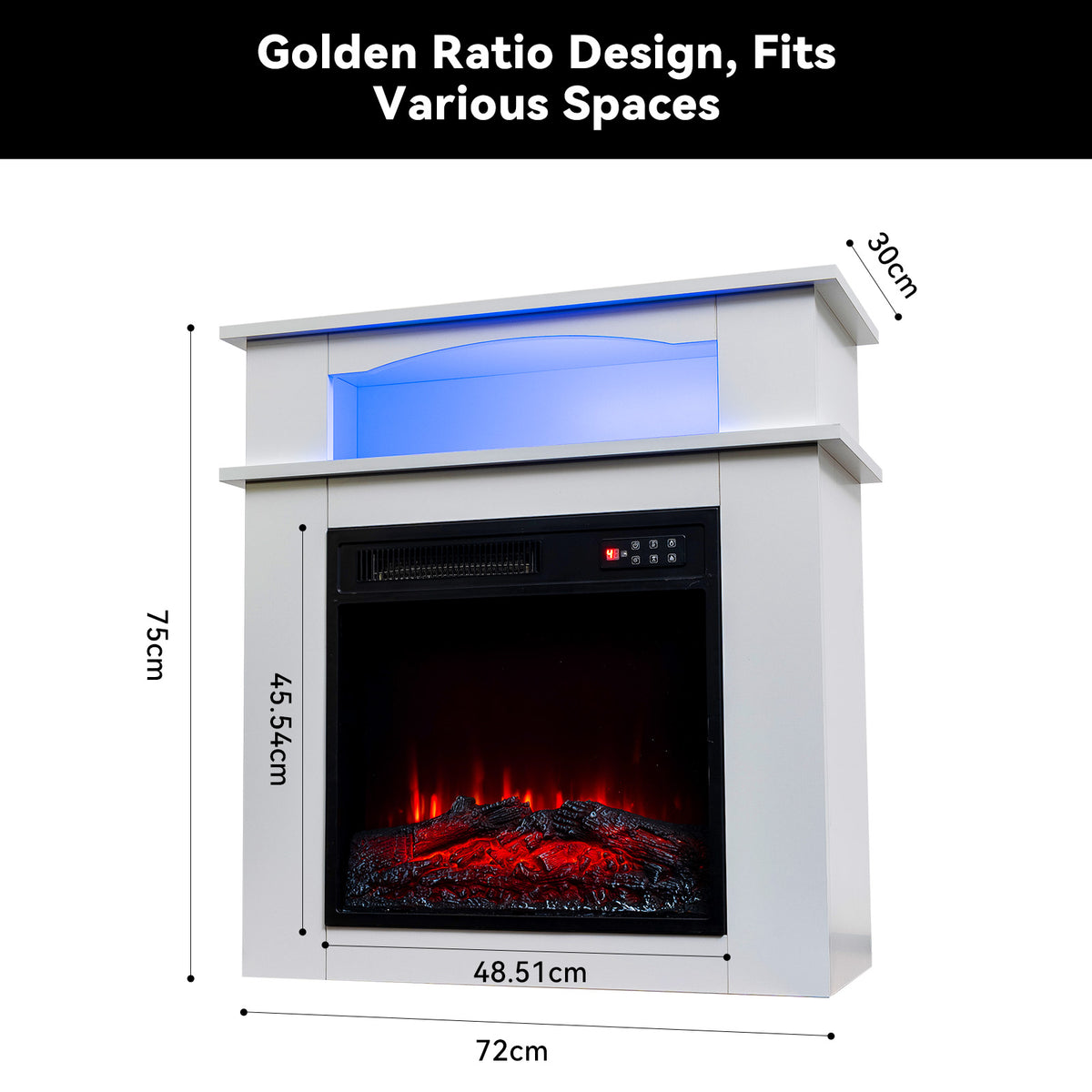 Cheminée électrique d'appoint HOMAVO 18 pouces, 900W/1800W, flamme 3D, bande lumineuse LED, télécommande, dimensions : 72 × 30 × 75 cm