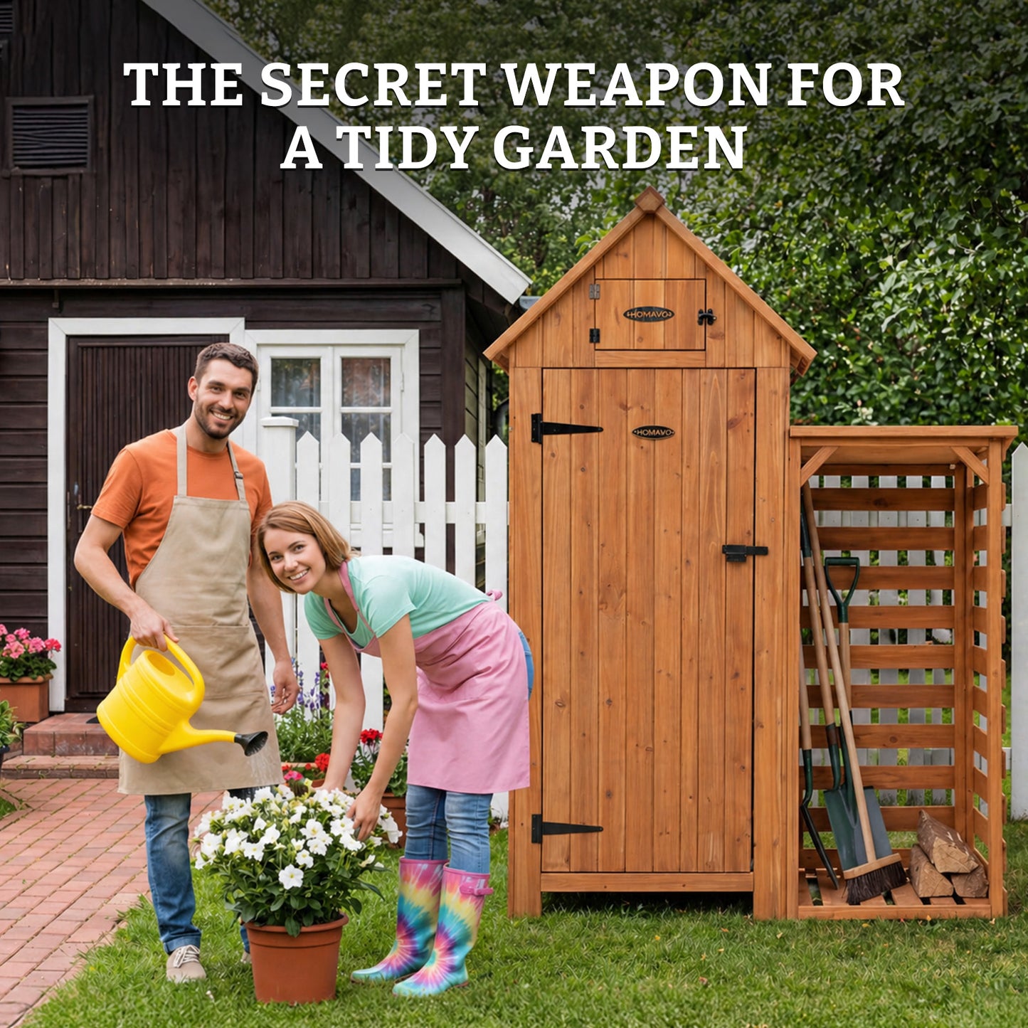 HOMAVO Garden Storage Shed with Firewood Rack, Dimensions: 131 × 54.3 × 179 cm