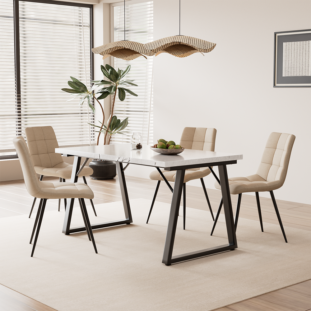 HOMAVO 5 Piece Dining Set — Four Velvet/Faux Leather Dining Chairs + 140×80cm Rectangular Dining Table