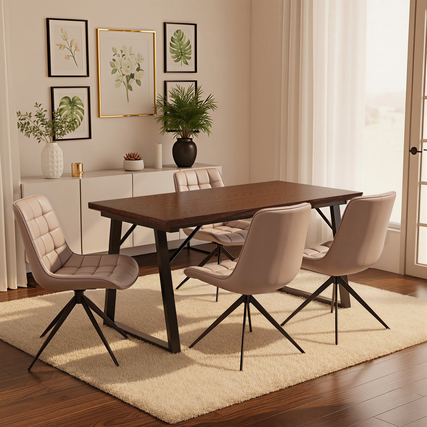 HOMAVO 5 Piece Dining Set — Comfortable 360° Swivel Dining Chairs, Includes 140×80cm Dining Table, Sturdy Metal Frame, Medium-Density Fibreboard Tabletop, Velvet or Faux Leather