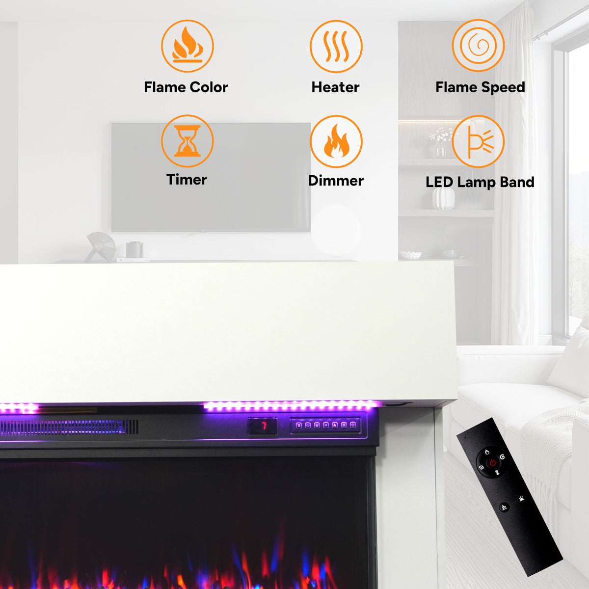 HOMAVO 36" Kaminofen, 1000W/2000W, 3D Flammeneffekt, LED-Lichtleiste, Fernbedienung, Maße: 117 × 20 × 95.5 cm