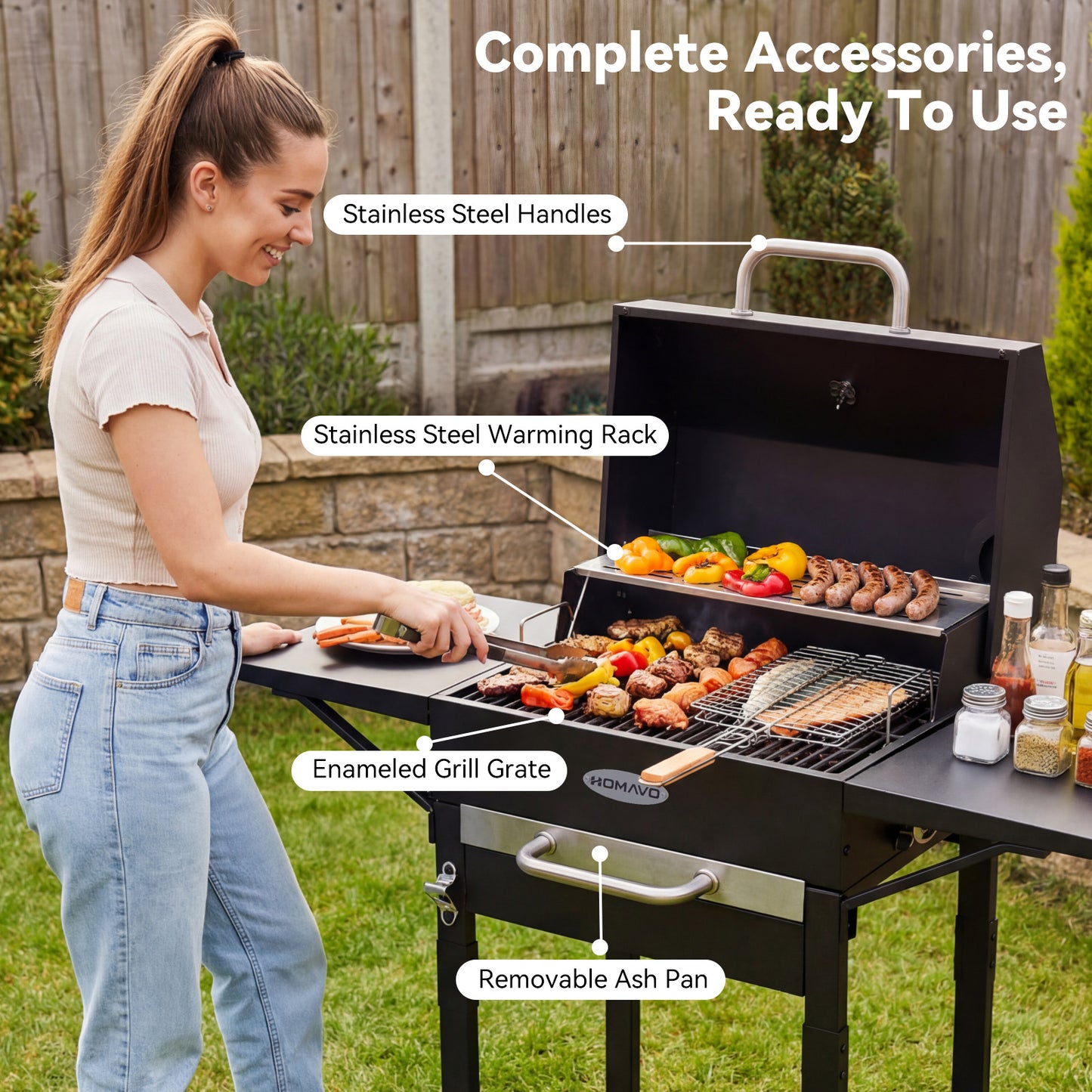 HOMAVO Charcoal Grill with Lid, 2 Side Tables, Grilling Area: 45×32cm