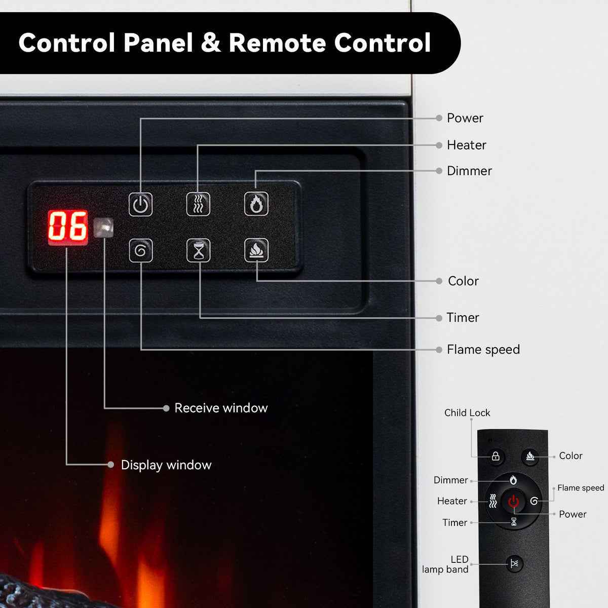 Cheminée électrique d'appoint HOMAVO 18 pouces, 900W/1800W, flamme 3D, bande lumineuse LED, télécommande, dimensions : 72 × 30 × 75 cm