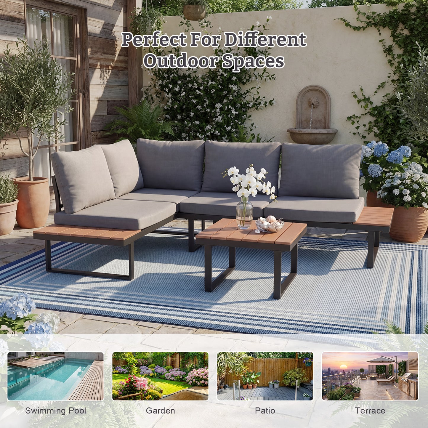 HOMAVO Patio Furniture Set with Coffee Table, L-Shaped Corner Sofa (with Waterproof Sofa Cover)