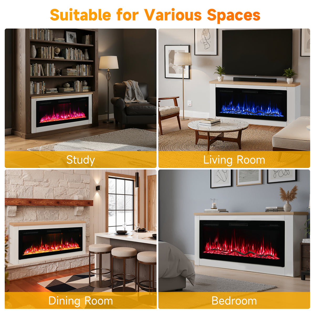 Cheminée électrique HOMAVO 50" à poser, 1000W/2000W, effet de flamme simulé 3D, télécommande et contrôle par application, Dimensions : 150 × 30 × 60 cm