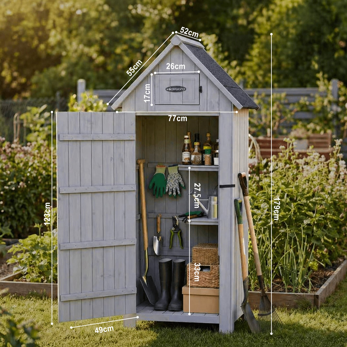 HOMAVO Garden Storage Shed & Tool Cabinet, Dimensions: 77 × 54.3 × 179 cm