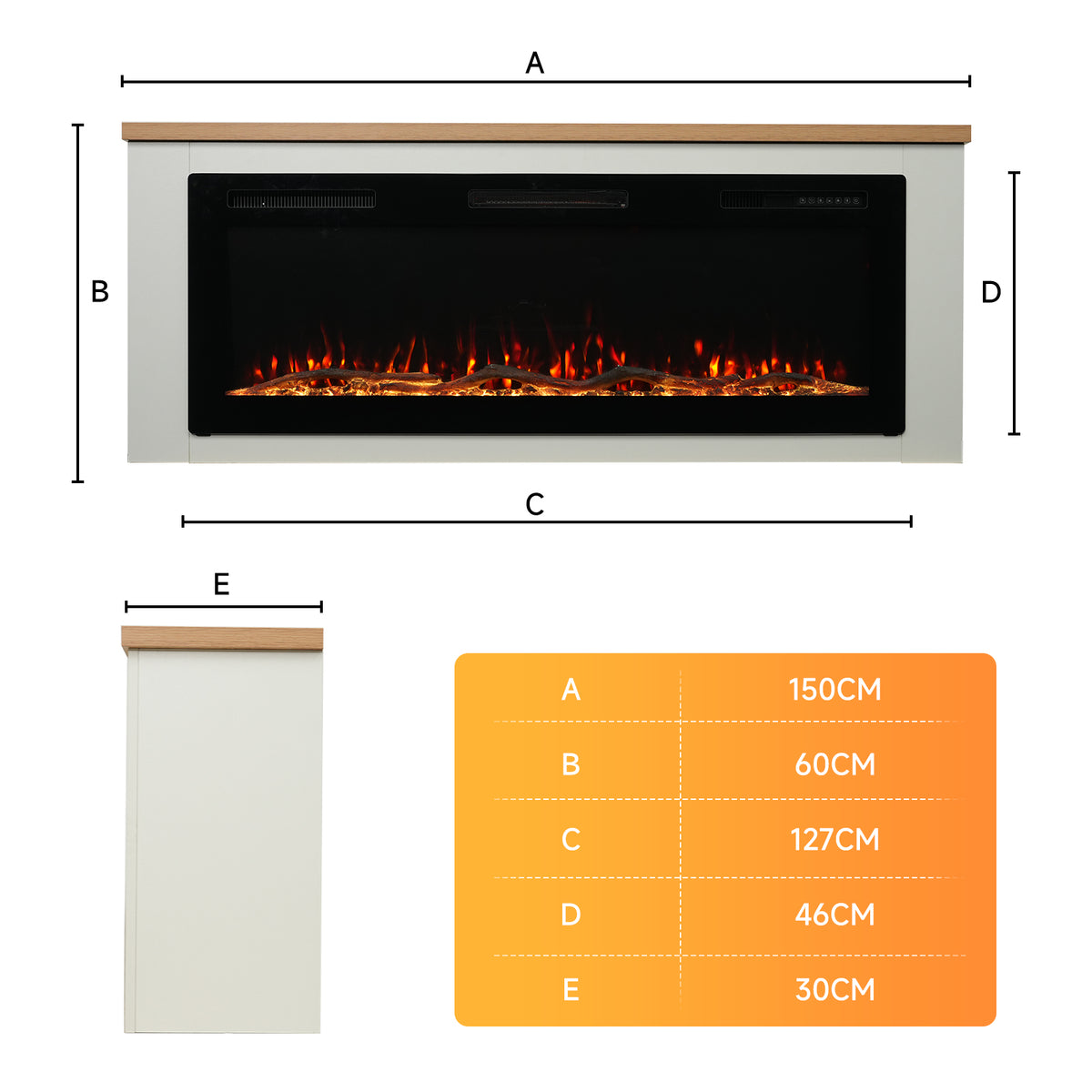 Cheminée électrique HOMAVO 50" à poser, 1000W/2000W, effet de flamme simulé 3D, télécommande et contrôle par application, Dimensions : 150 × 30 × 60 cm
