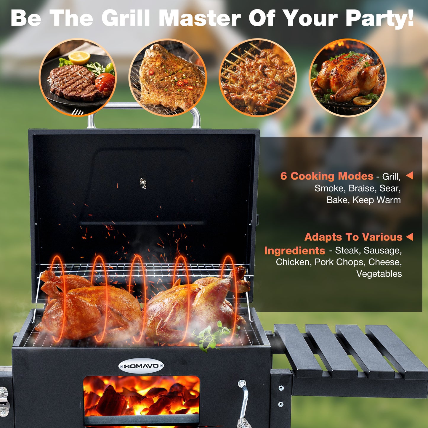 HOMAVO Charcoal Grill, Grill Surface: 56 × 42.5 cm, Height Adjustable Carbon Tub, Foldable Side Table