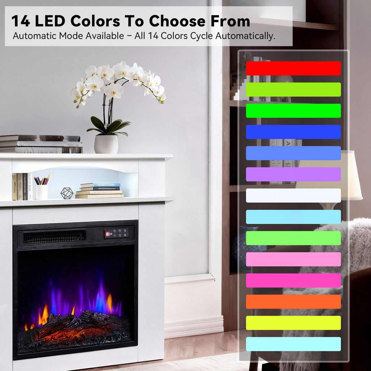 Cheminée électrique d'appoint HOMAVO 18 pouces, 900W/1800W, flamme 3D, bande lumineuse LED, télécommande, dimensions : 72 × 30 × 75 cm