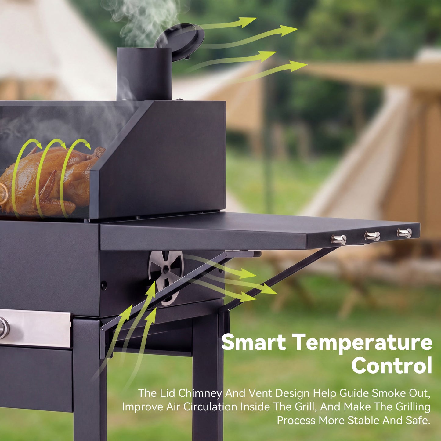 HOMAVO Charcoal Grill with Lid, 2 Side Tables, Grilling Area: 45×32cm