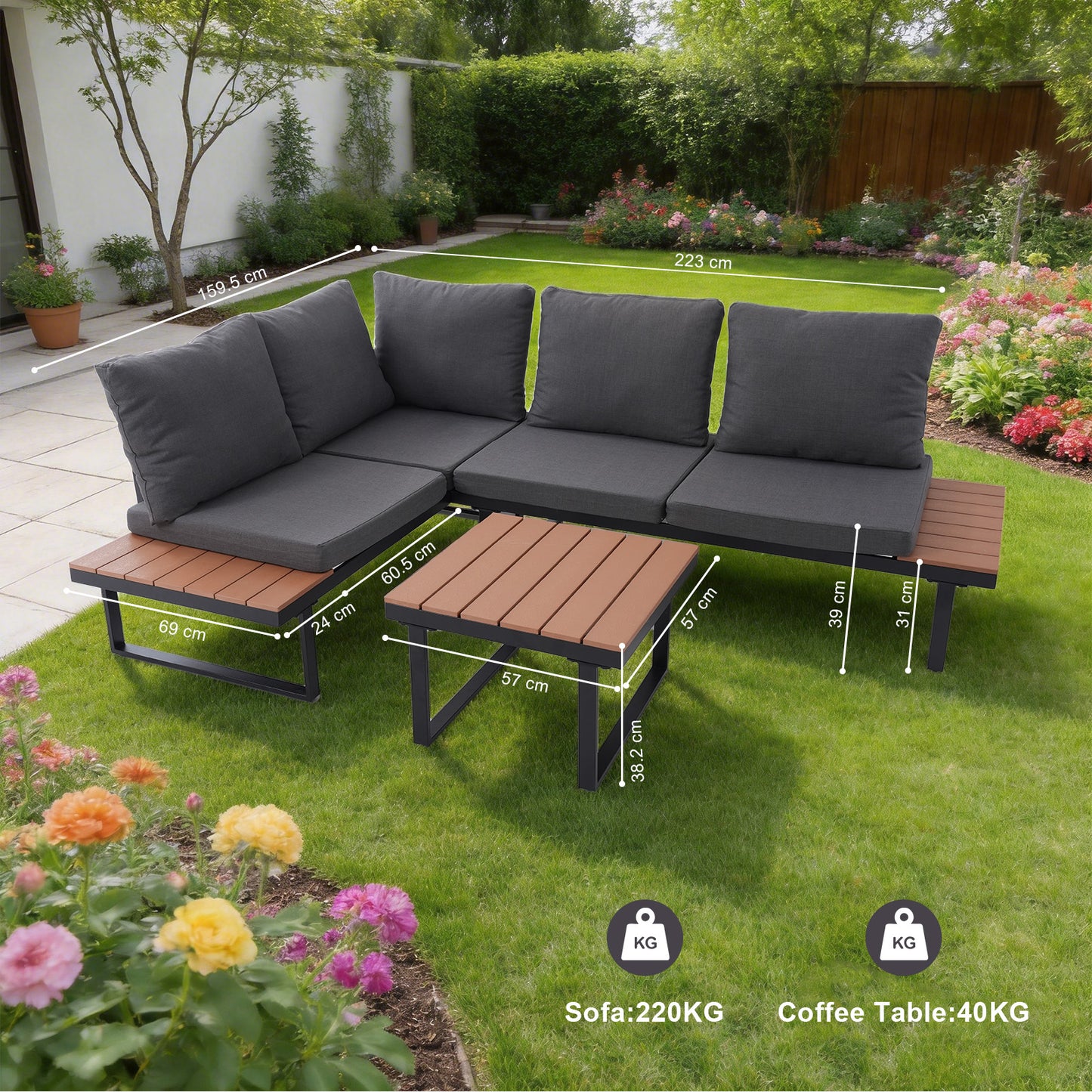 HOMAVO Patio Furniture Set with Coffee Table, L-Shaped Corner Sofa (with Waterproof Sofa Cover)