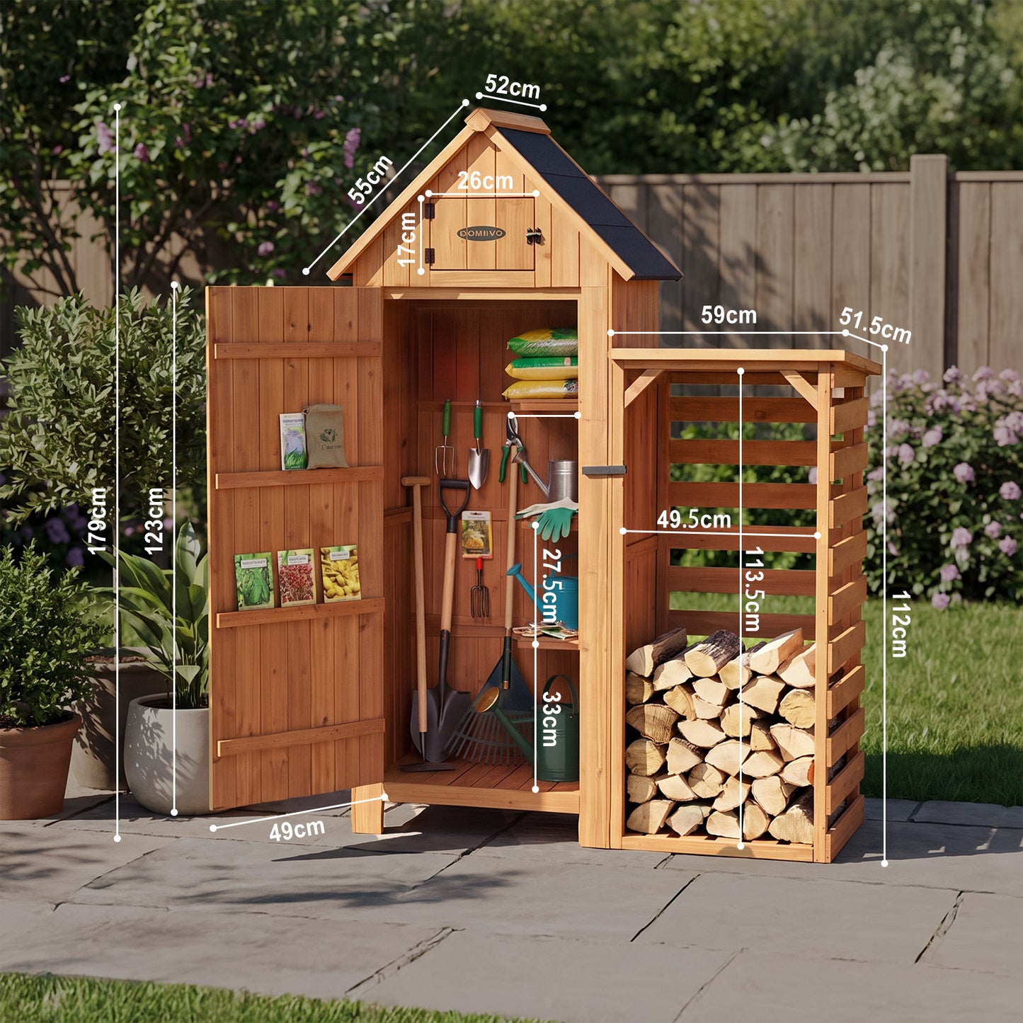 HOMAVO Garden Storage Shed with Firewood Rack, Dimensions: 131 × 54.3 × 179 cm
