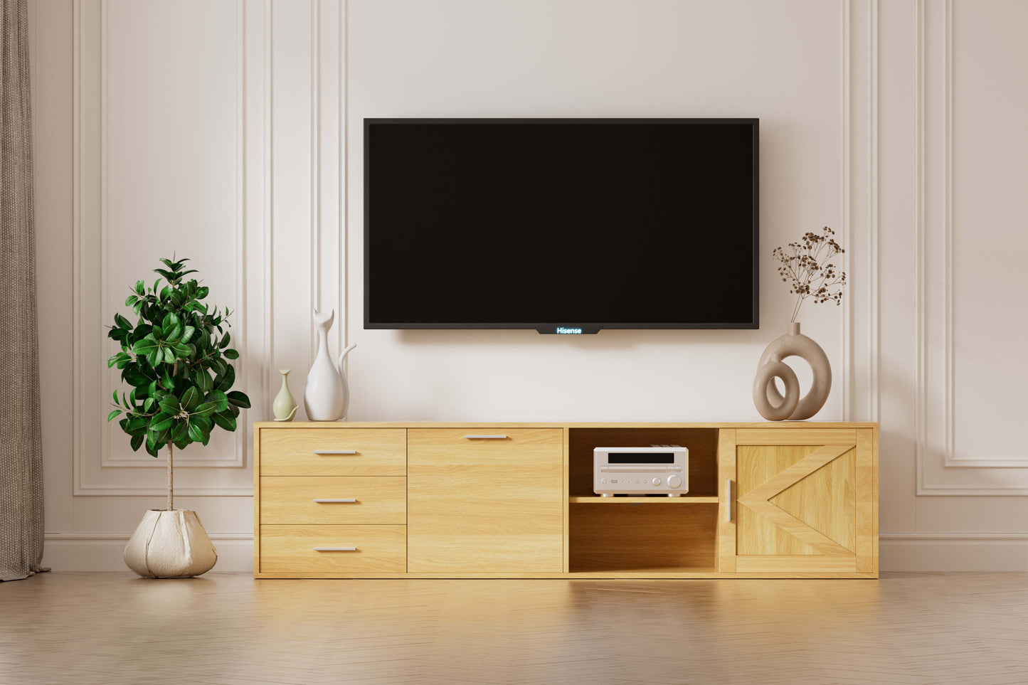 HOMAVO 160-180cm Modern TV Stand – 3 Drawers & 2 Sliding Doors | FSC Wood Storage Cabinet