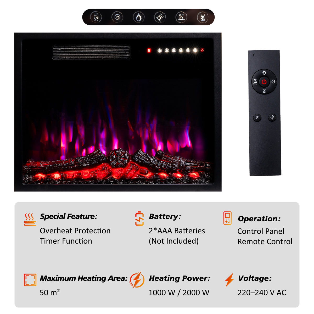 Cheminée électrique d'armoire HOMAVO 23", 1000W/2000W, effet de flamme 3D, télécommande, minuterie, dimensions : 70 × 30 × 80 cm