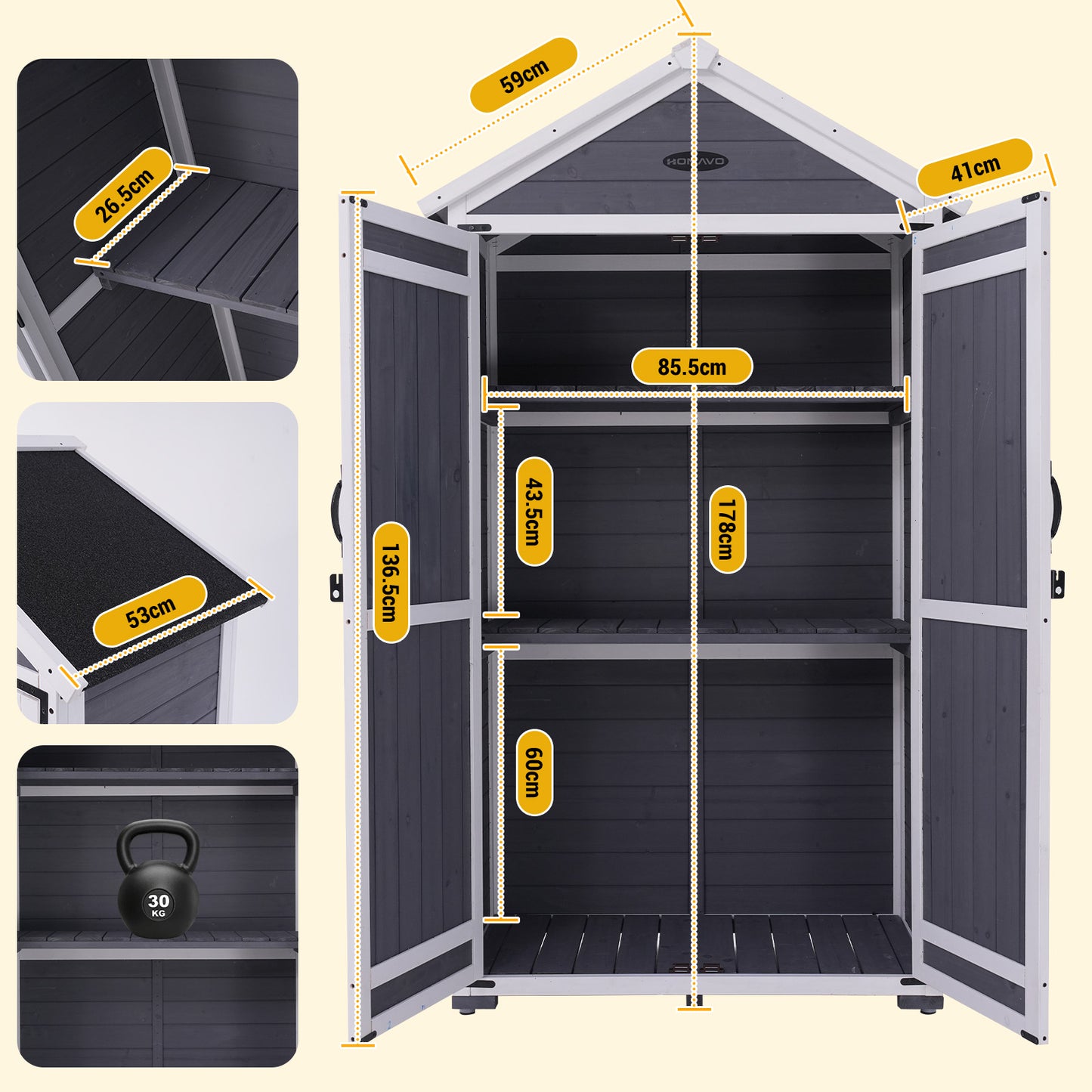 HOMAVO Garden Storage Shed & Tool Cabinet,  Dimensions: 99.3 × 56.5 × 178 cm