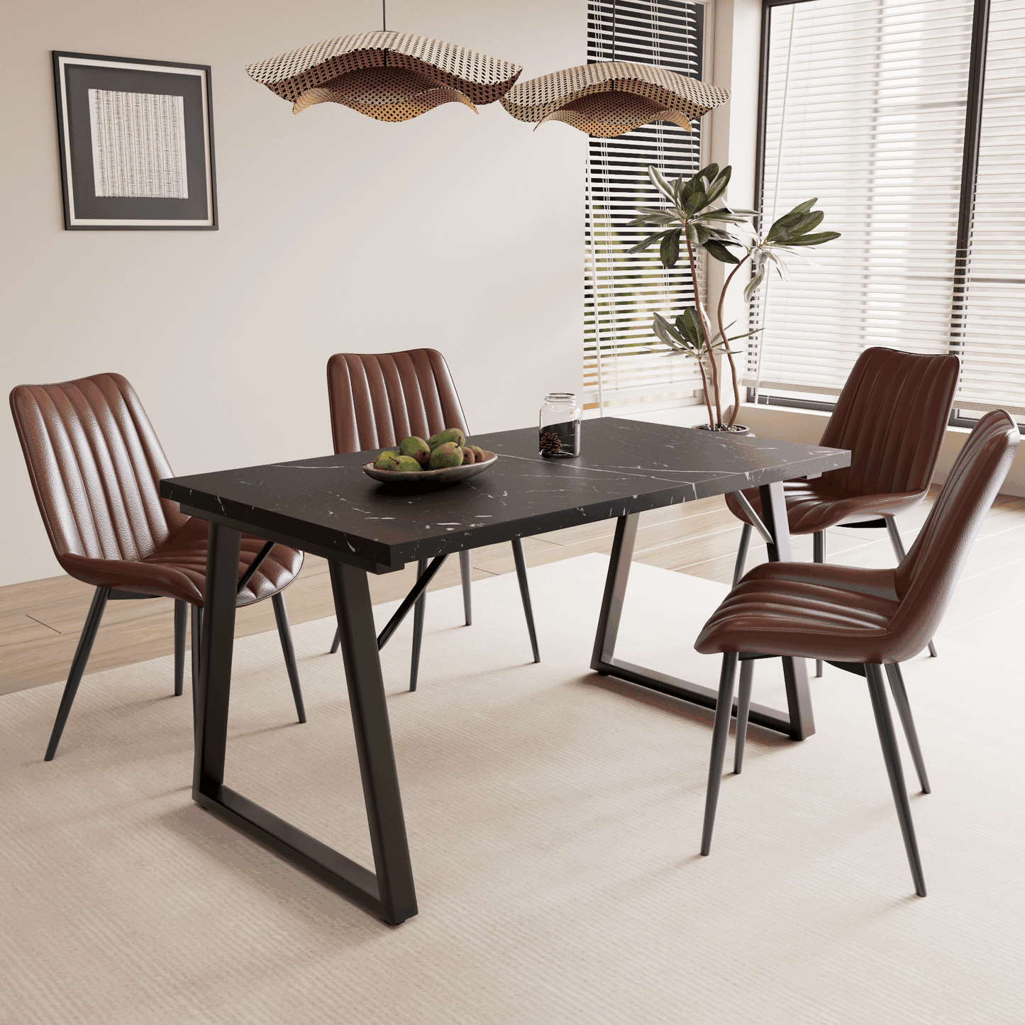 HOMAVO 5-Piece Dining Set – 4 Velvet/PU Chairs + 140cm Rectangular Table
