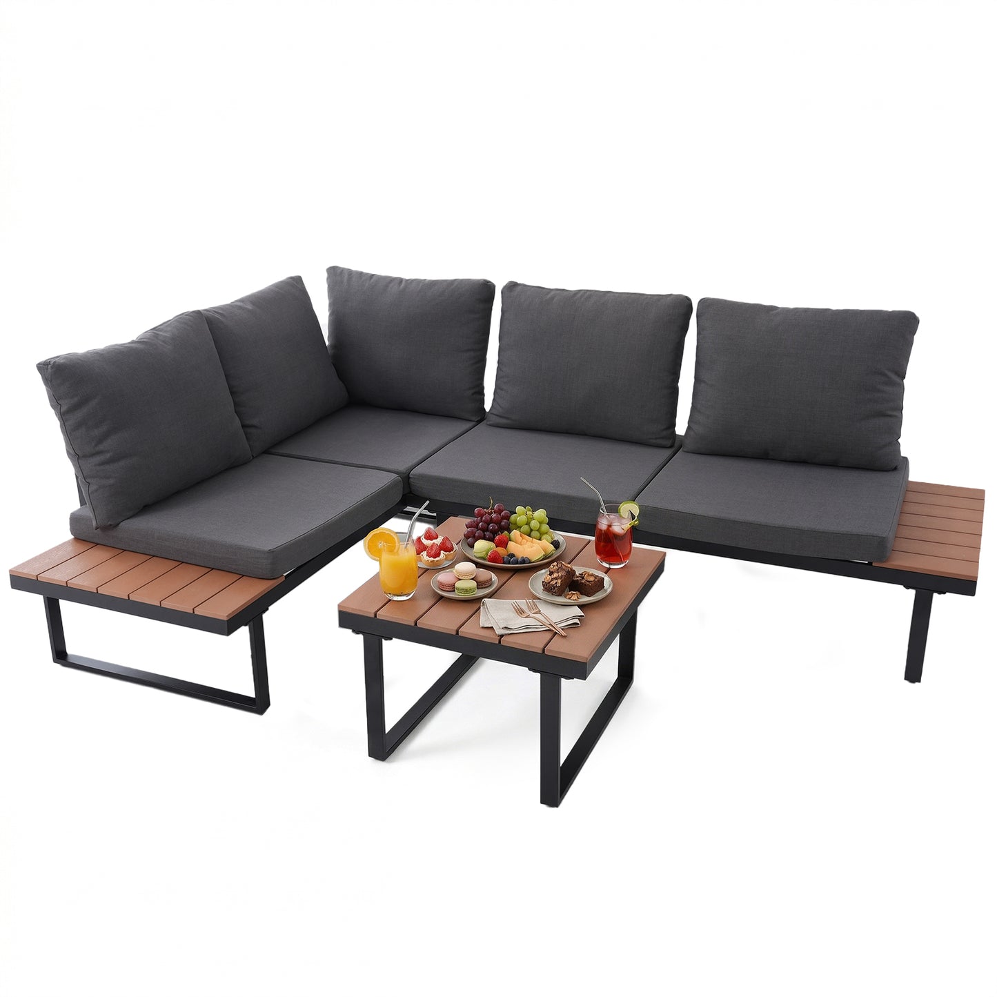 HOMAVO Patio Furniture Set with Coffee Table, L-Shaped Corner Sofa (with Waterproof Sofa Cover)
