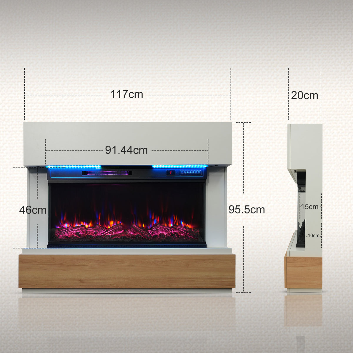 HOMAVO 36" Kaminofen, 1000W/2000W, 3D Flammeneffekt, LED-Lichtleiste, Fernbedienung, Maße: 117 × 20 × 95.5 cm