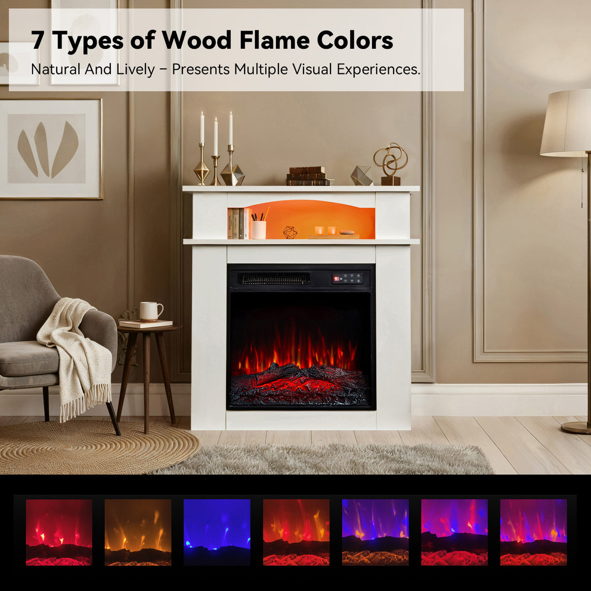 Cheminée électrique d'appoint HOMAVO 18 pouces, 900W/1800W, flamme 3D, bande lumineuse LED, télécommande, dimensions : 72 × 30 × 75 cm