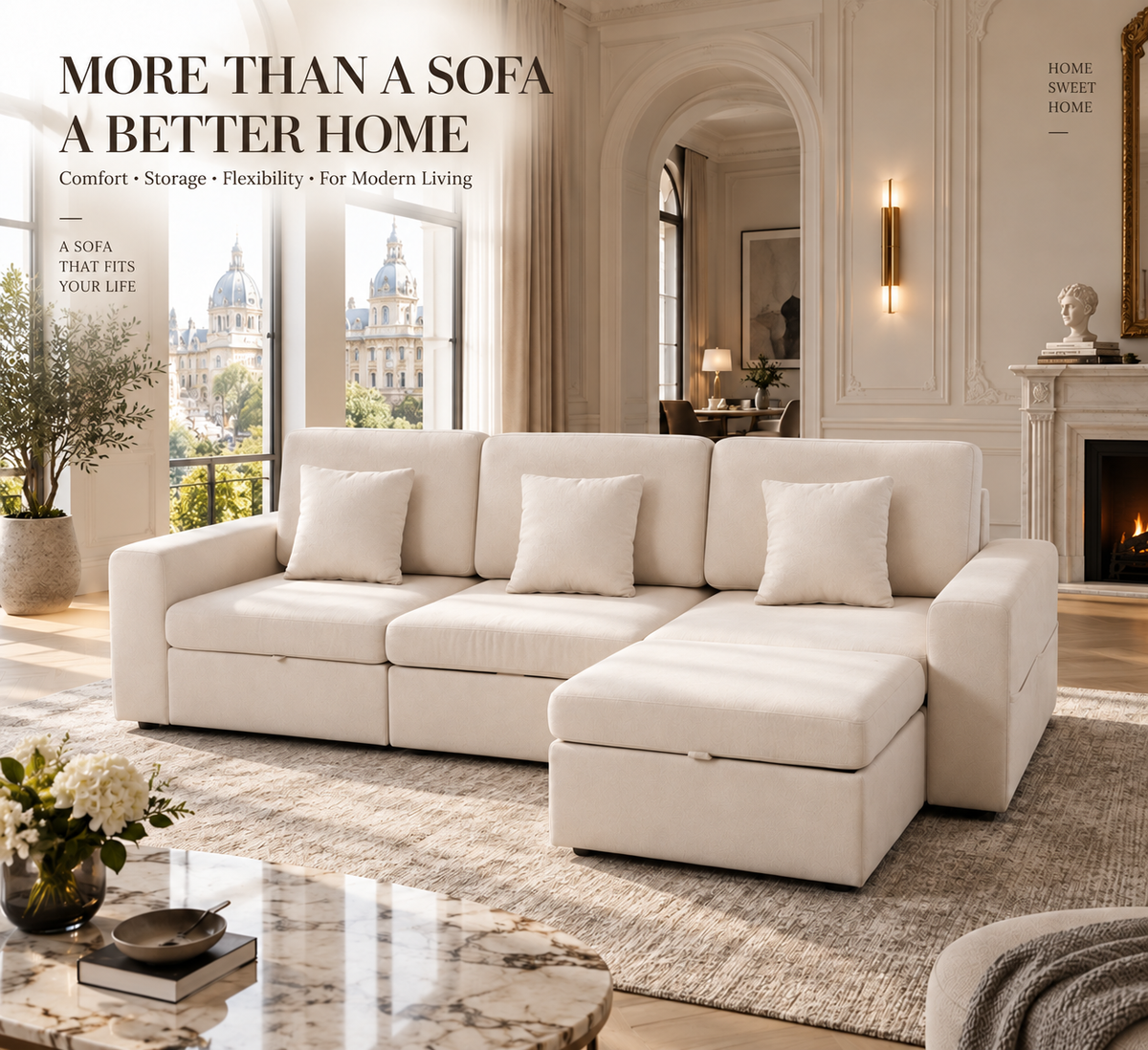 Modular Sectional Sofa with Hidden Storage & Chenille Upholstery