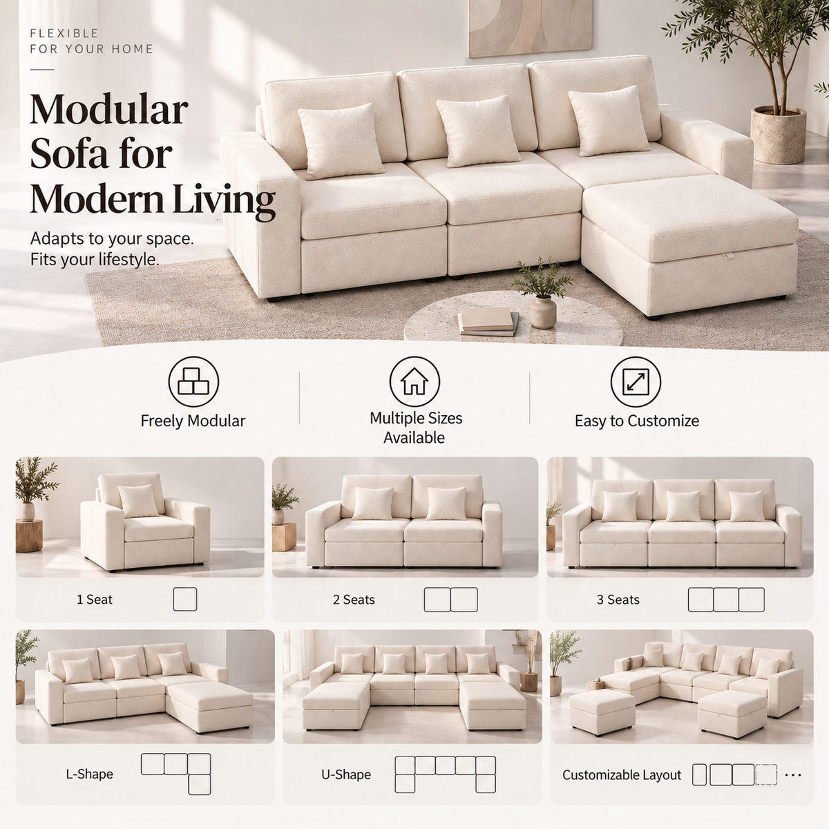 Modular Sectional Sofa with Hidden Storage & Chenille Upholstery