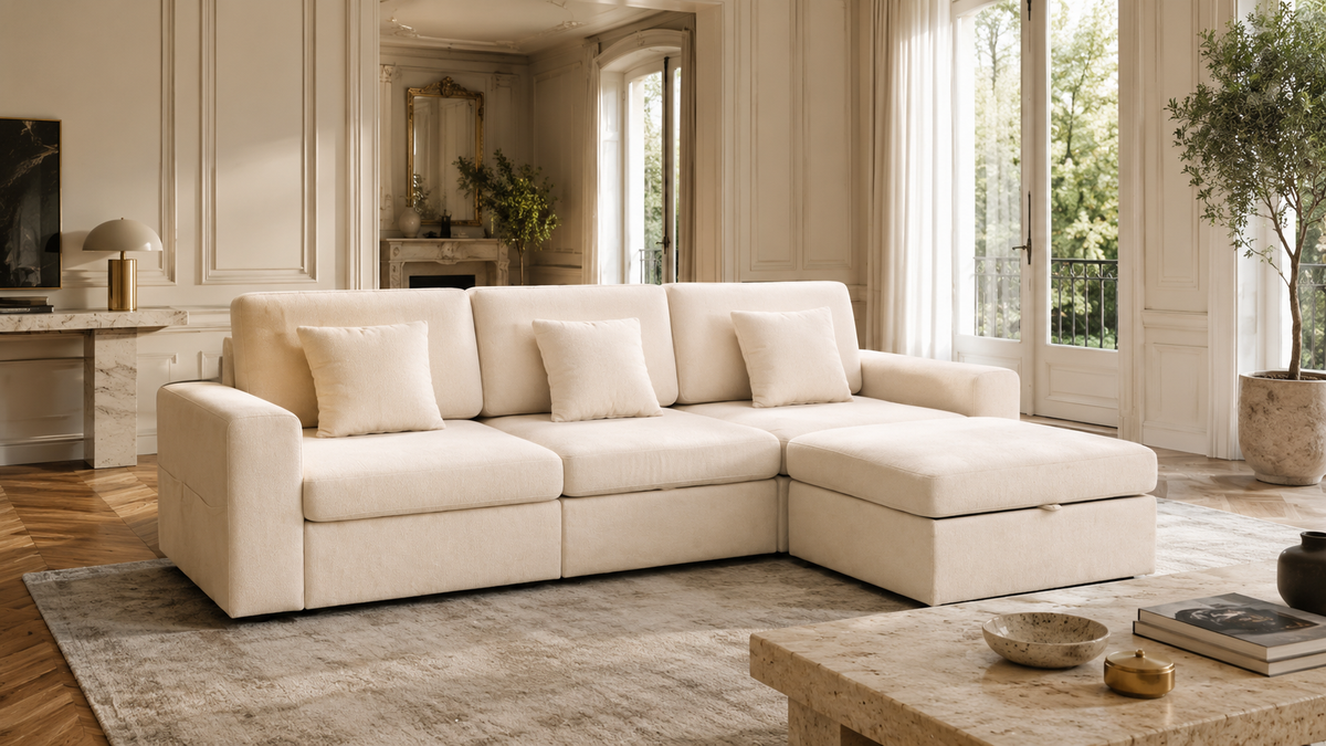 Modular L-Shaped Sleeper Sectional Sofa with Storage, Reversible Ottoman, Chenille Upholstery & Pillows – No Assembly Required