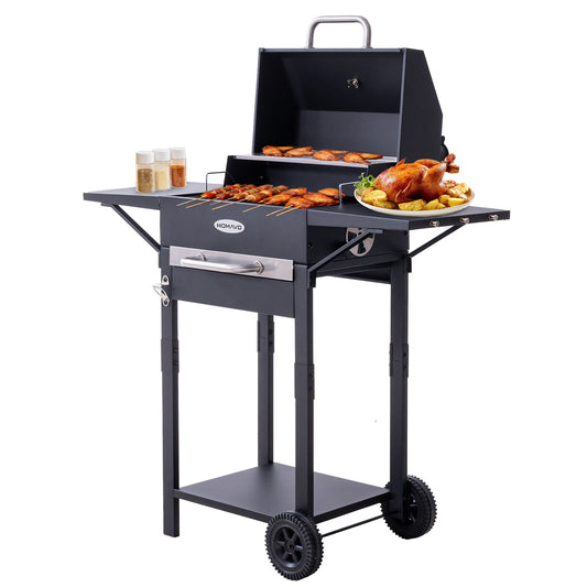 HOMAVO Charcoal Grill with Lid, 2 Side Tables, Grilling Area: 45×32cm
