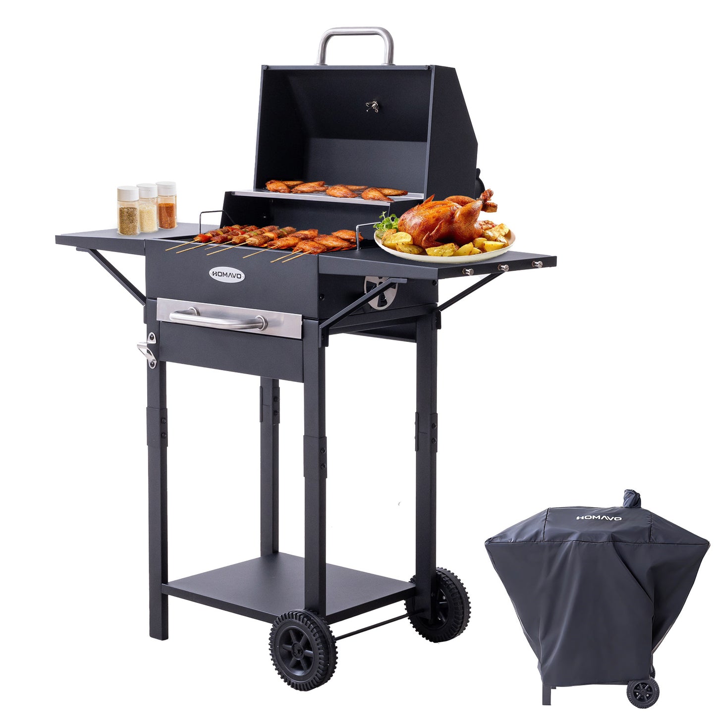 HOMAVO Charcoal Grill with Lid, 2 Side Tables, Grilling Area: 45×32cm