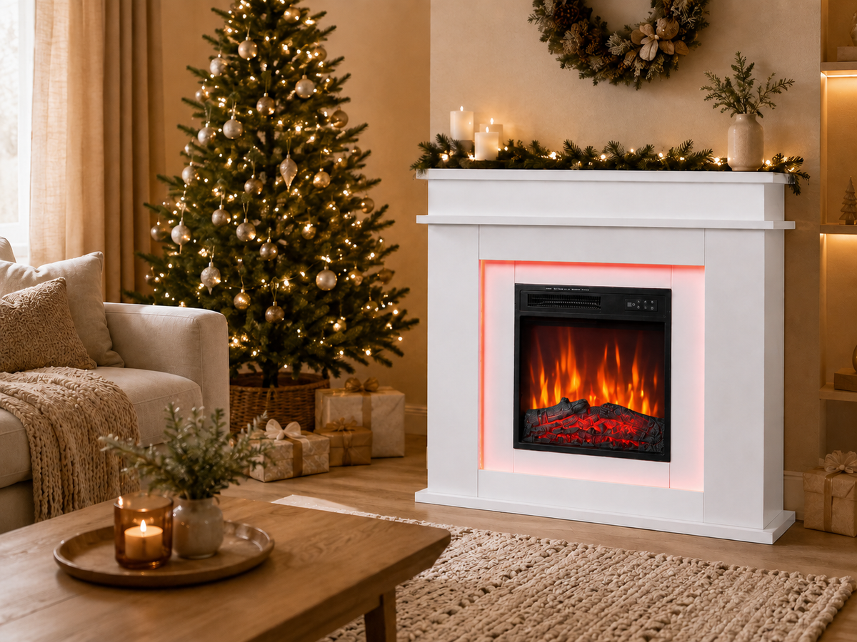 HOMAVO Ambient Electric Fireplace – 900/1800 W Electric Fireplace with Heating – Timer Function – Overheat Protection