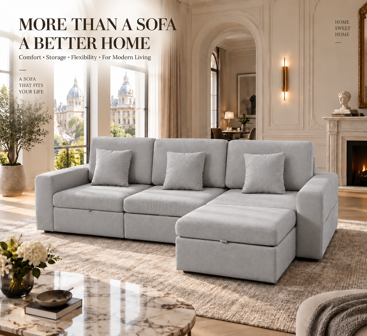 Modular Sectional Sofa with Hidden Storage & Chenille Upholstery