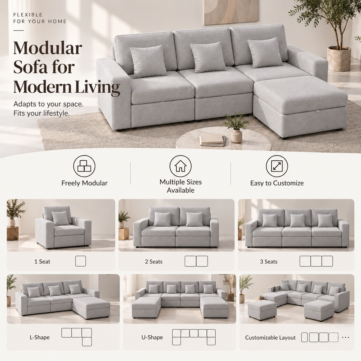 Modular Sectional Sofa with Hidden Storage & Chenille Upholstery