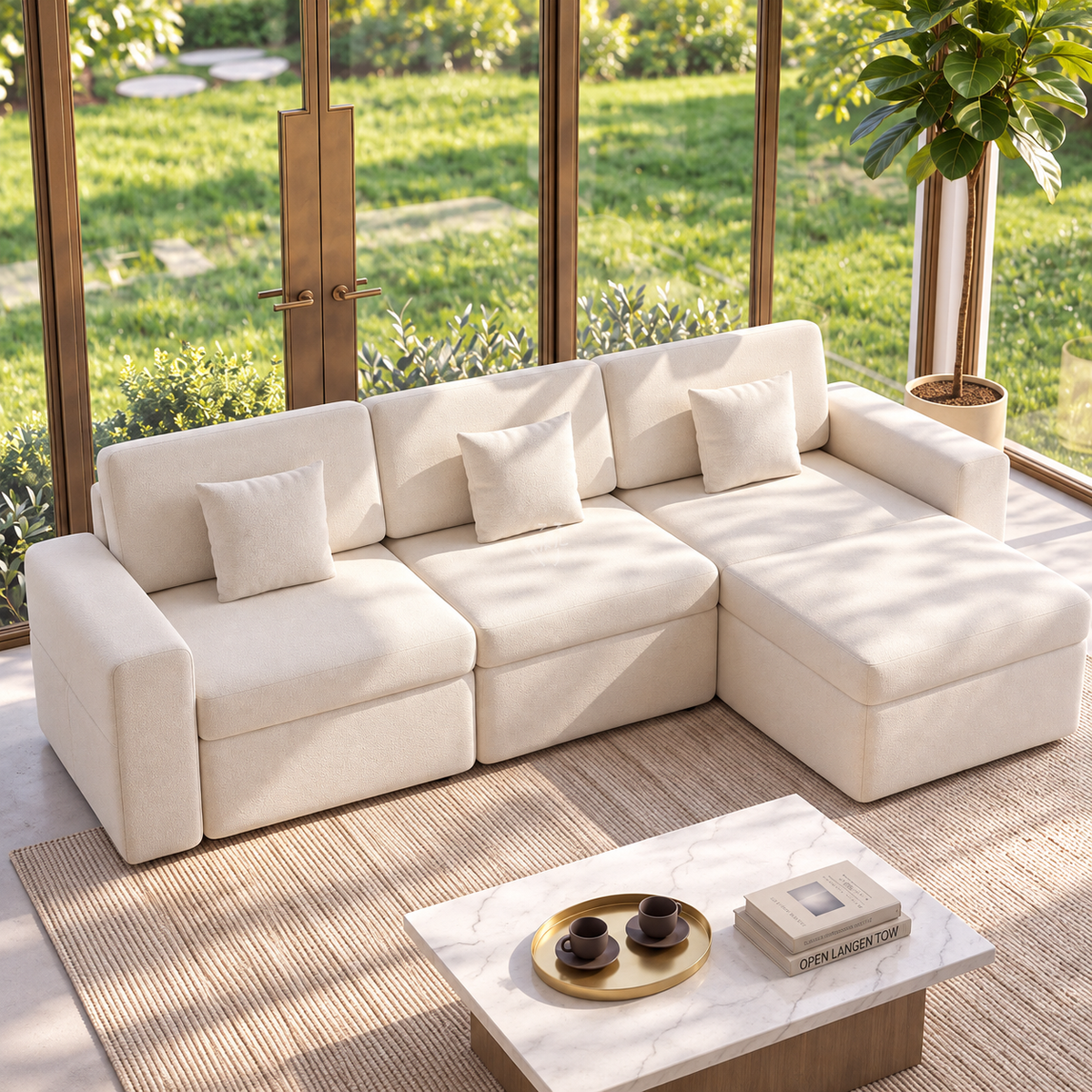 L-Shaped Modular Corner Sofa with Storage & Cushions