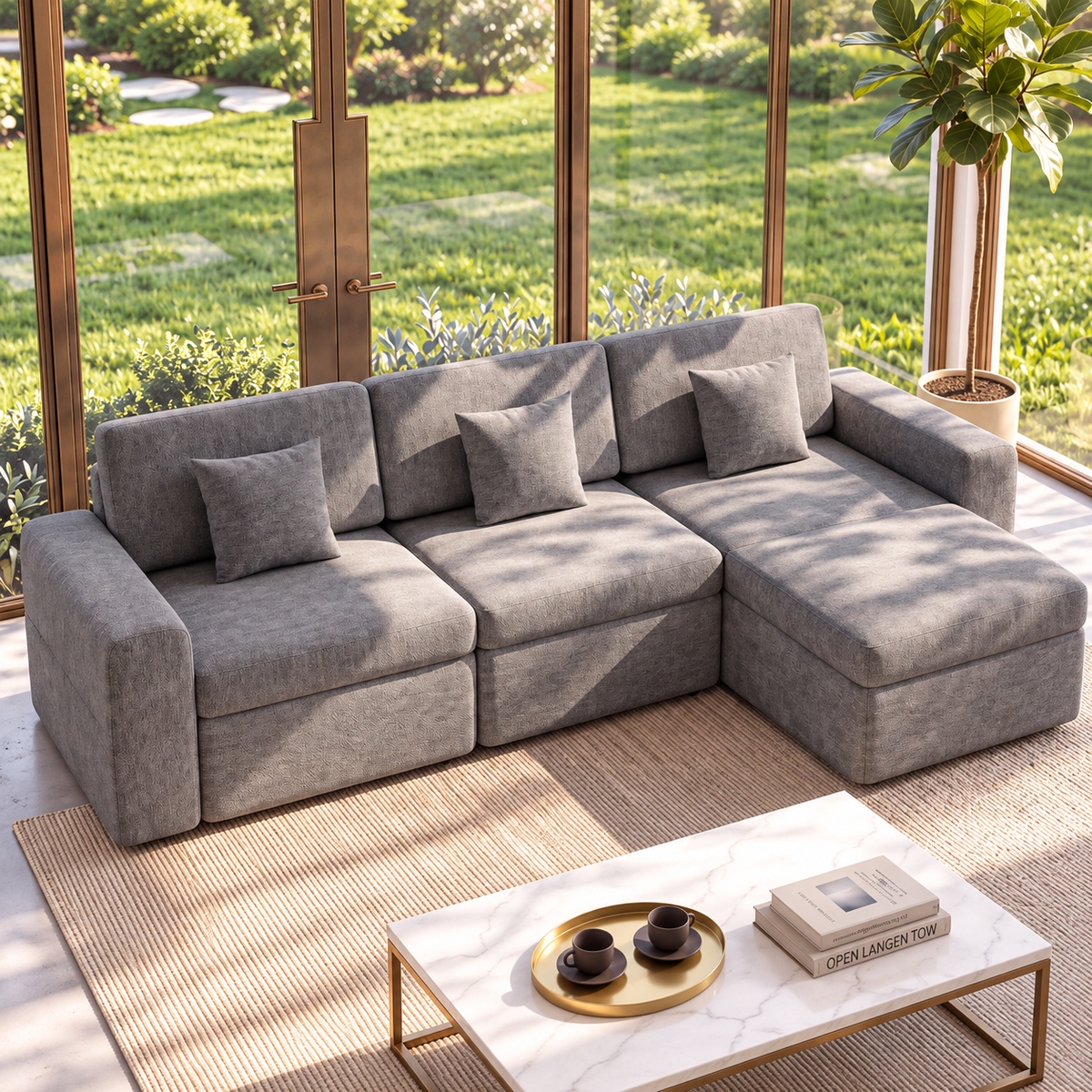 L-Shaped Modular Corner Sofa with Storage & Cushions