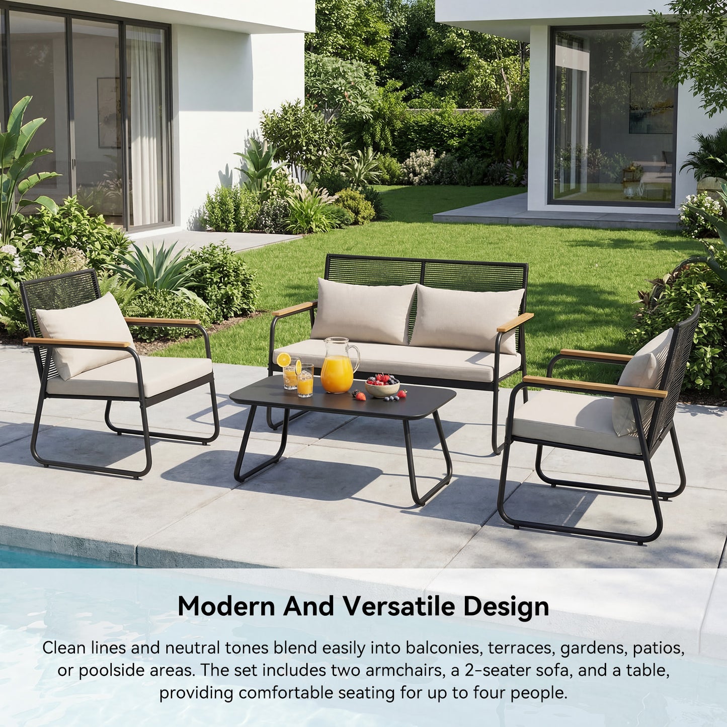 HOMAVO Patio Furniture Set with Coffee Table, 4-Seater Polyrattan Furniture