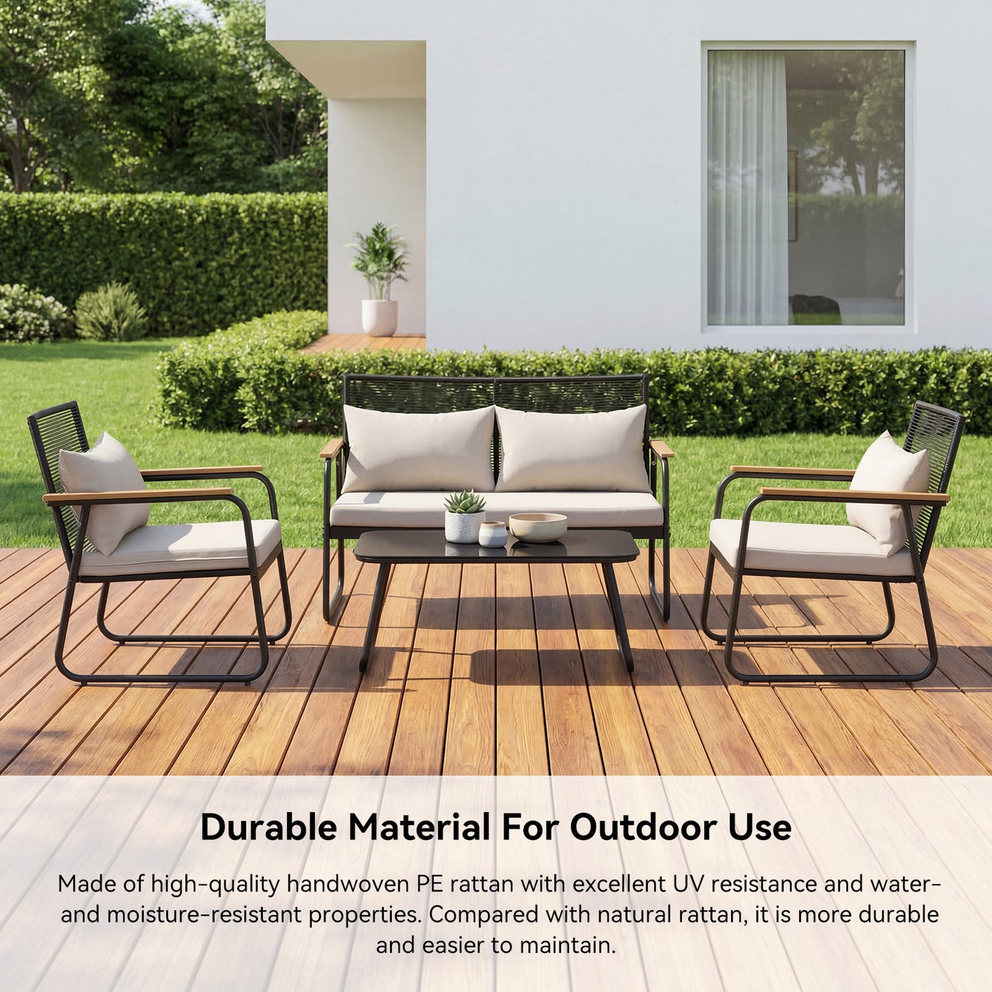 HOMAVO Patio Furniture Set with Coffee Table, 4-Seater Polyrattan Furniture