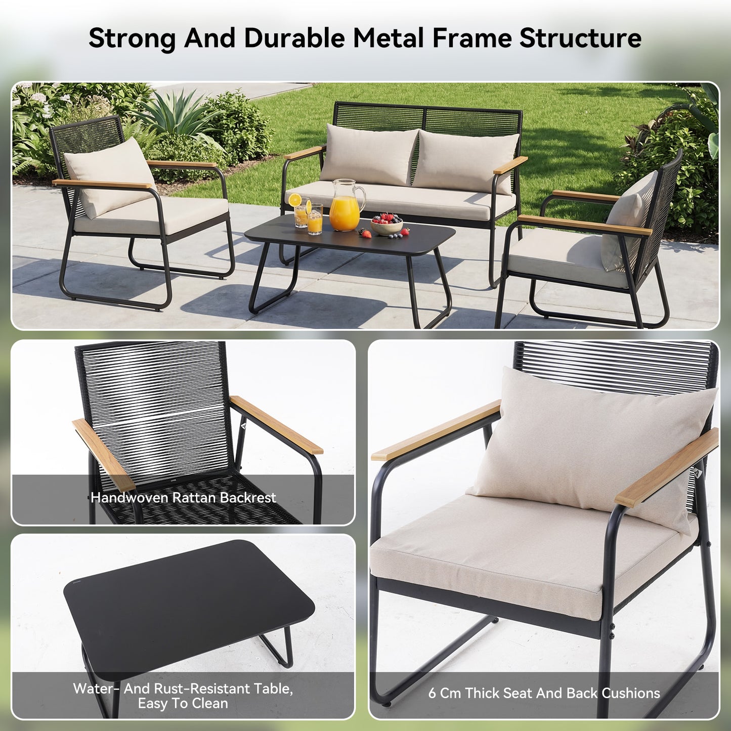 HOMAVO Patio Furniture Set with Coffee Table, 4-Seater Polyrattan Furniture