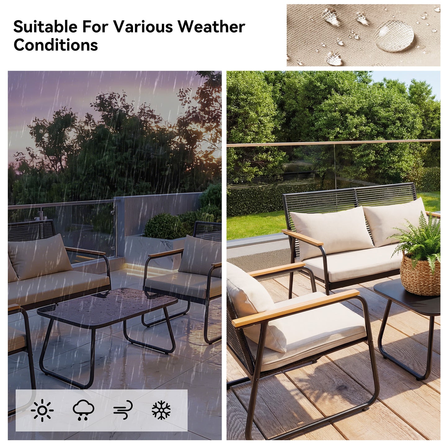 HOMAVO Patio Furniture Set with Coffee Table, 4-Seater Polyrattan Furniture