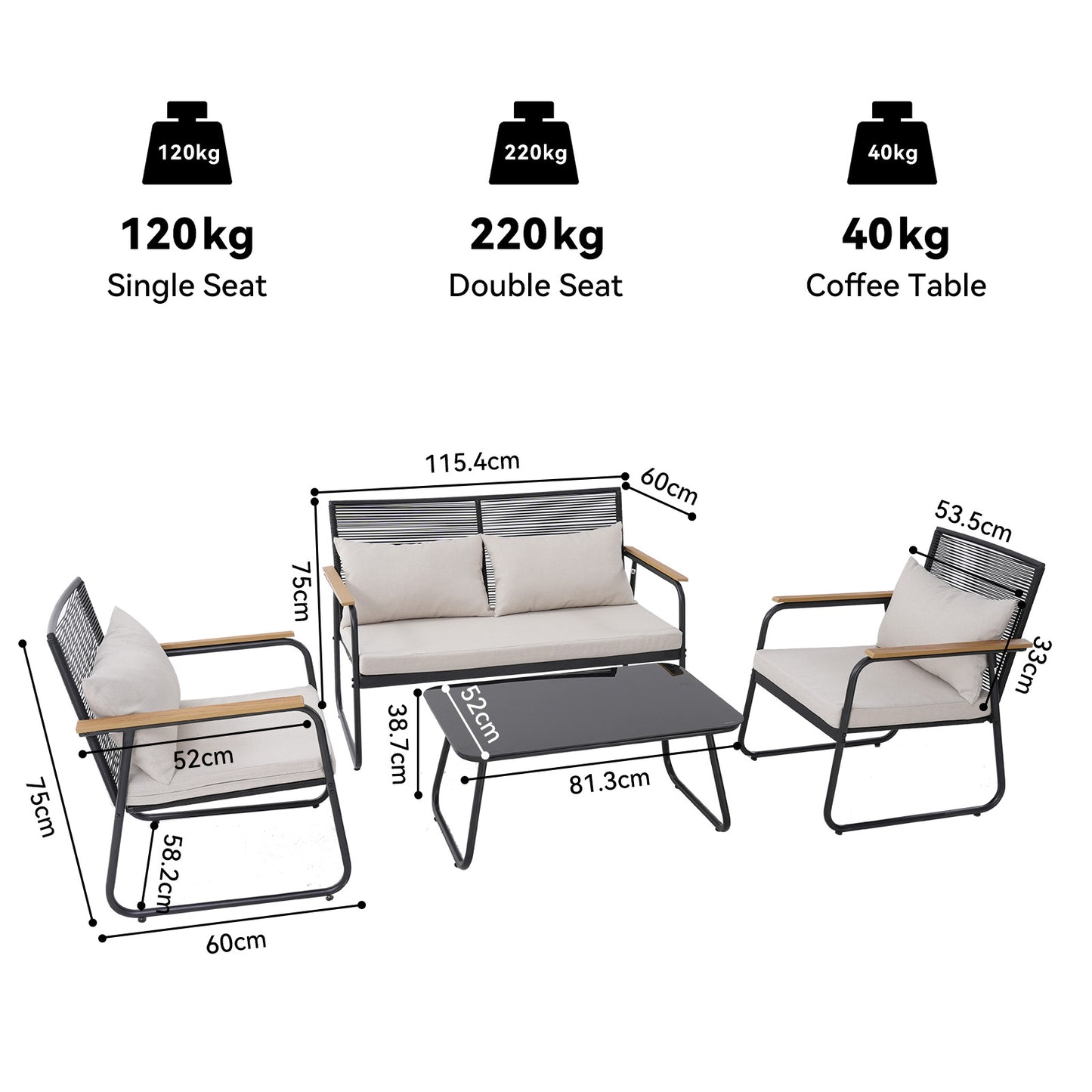 HOMAVO Patio Furniture Set with Coffee Table, 4-Seater Polyrattan Furniture