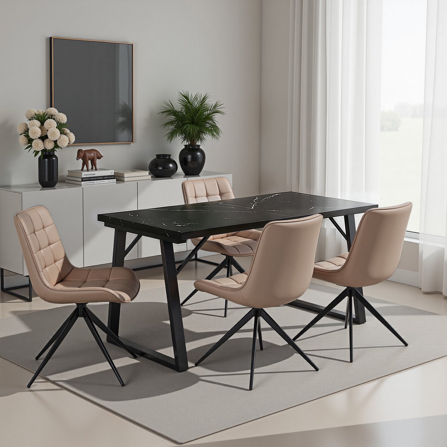 HOMAVO 5 Piece Dining Set — Comfortable 360° Swivel Dining Chairs, Includes 140×80cm Dining Table, Sturdy Metal Frame, Medium-Density Fibreboard Tabletop, Velvet or Faux Leather