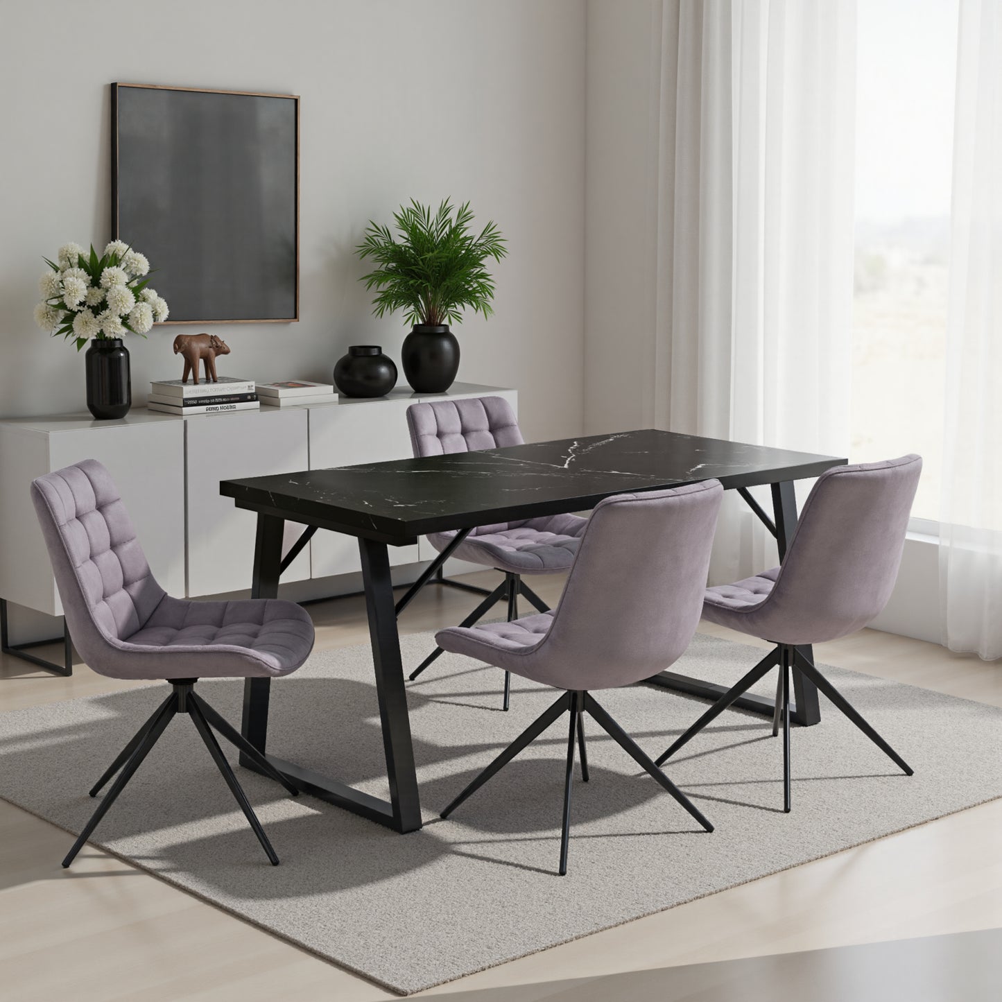 HOMAVO 5 Piece Dining Set — Comfortable 360° Swivel Dining Chairs, Includes 140×80cm Dining Table, Sturdy Metal Frame, Medium-Density Fibreboard Tabletop, Velvet or Faux Leather