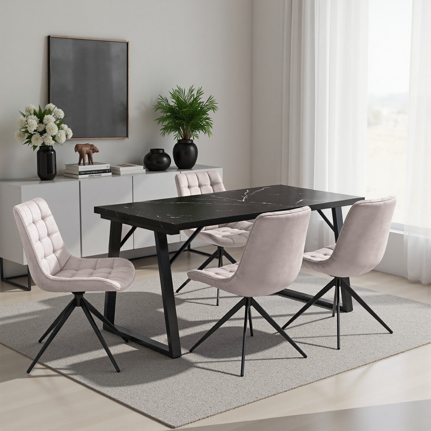 HOMAVO 5 Piece Dining Set — Comfortable 360° Swivel Dining Chairs, Includes 140×80cm Dining Table, Sturdy Metal Frame, Medium-Density Fibreboard Tabletop, Velvet or Faux Leather