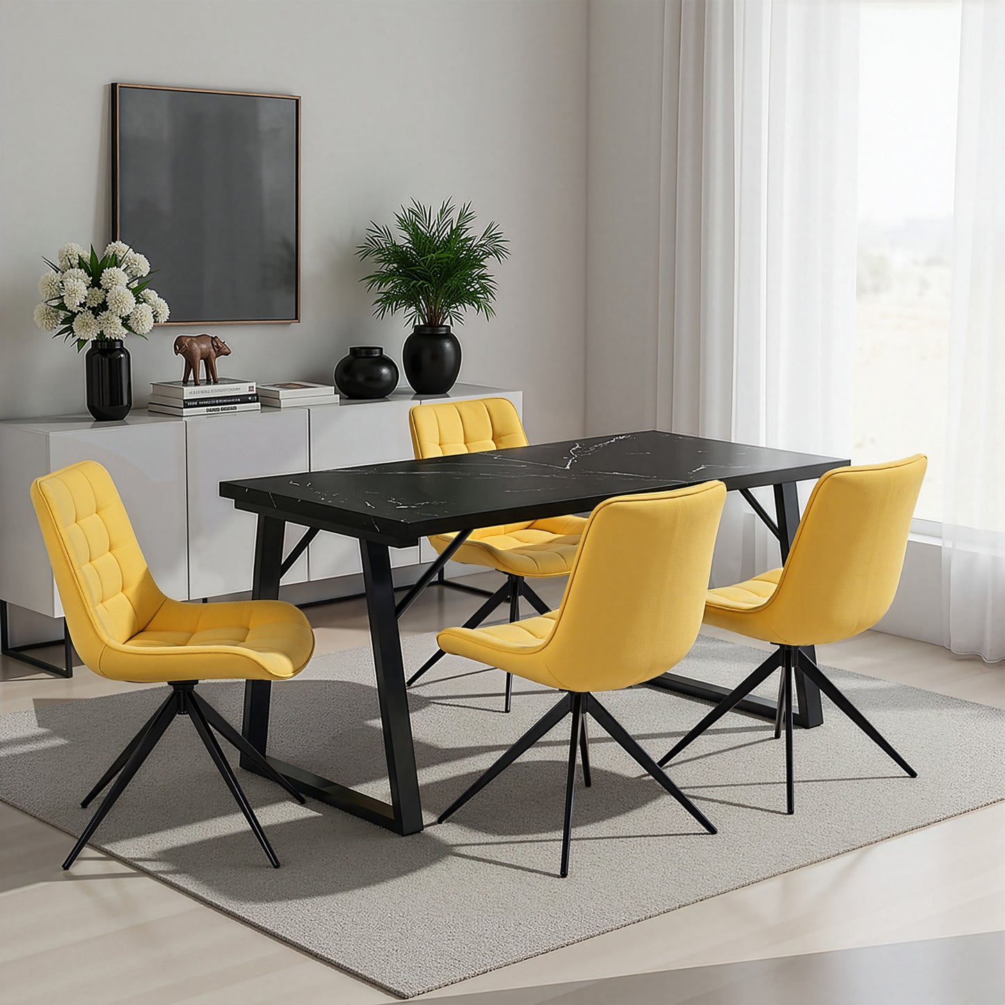 HOMAVO 5 Piece Dining Set — Comfortable 360° Swivel Dining Chairs, Includes 140×80cm Dining Table, Sturdy Metal Frame, Medium-Density Fibreboard Tabletop, Velvet or Faux Leather