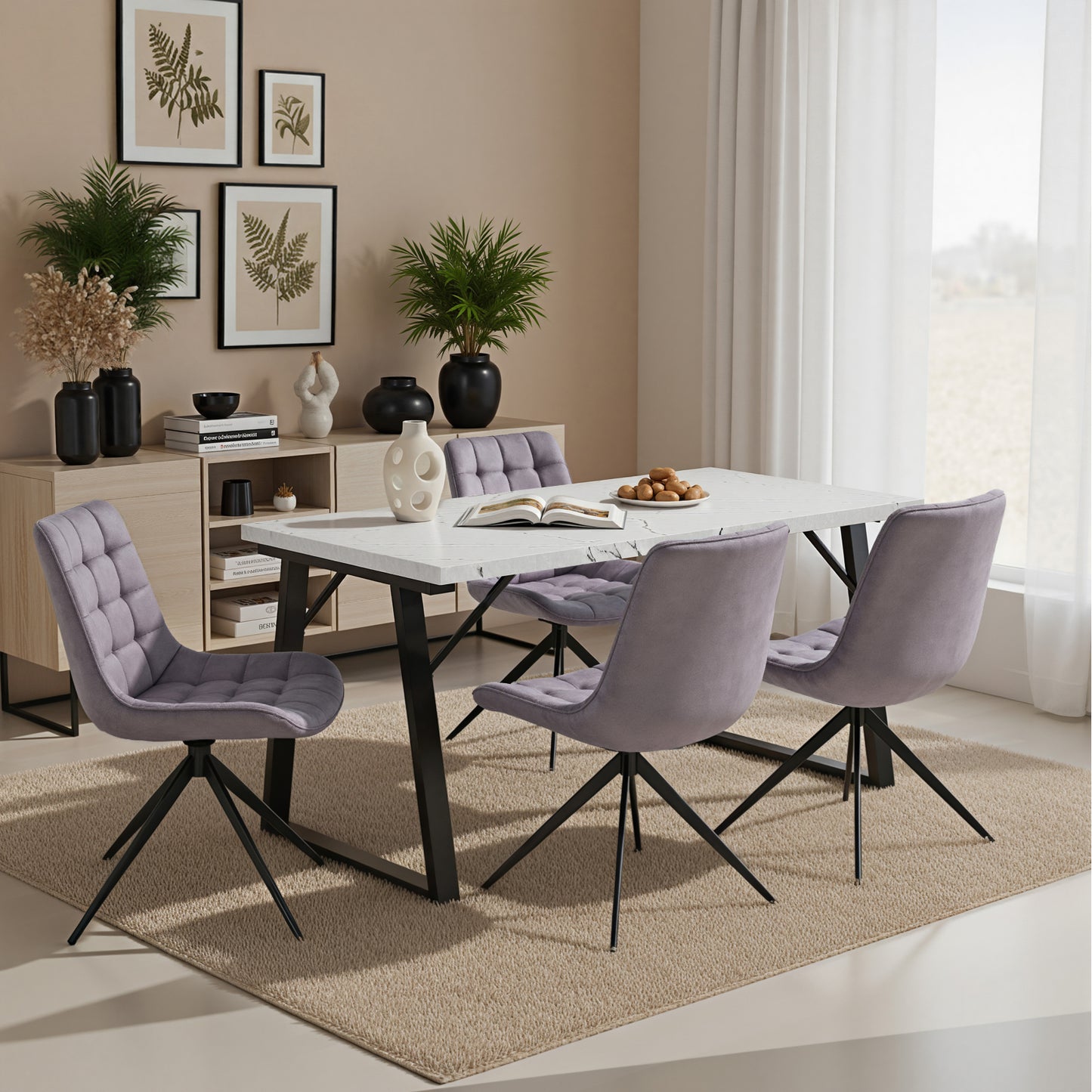 HOMAVO 5 Piece Dining Set — Comfortable 360° Swivel Dining Chairs, Includes 140×80cm Dining Table, Sturdy Metal Frame, Medium-Density Fibreboard Tabletop, Velvet or Faux Leather