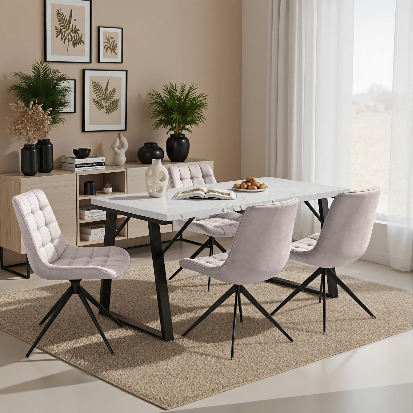 HOMAVO 5 Piece Dining Set — Comfortable 360° Swivel Dining Chairs, Includes 140×80cm Dining Table, Sturdy Metal Frame, Medium-Density Fibreboard Tabletop, Velvet or Faux Leather