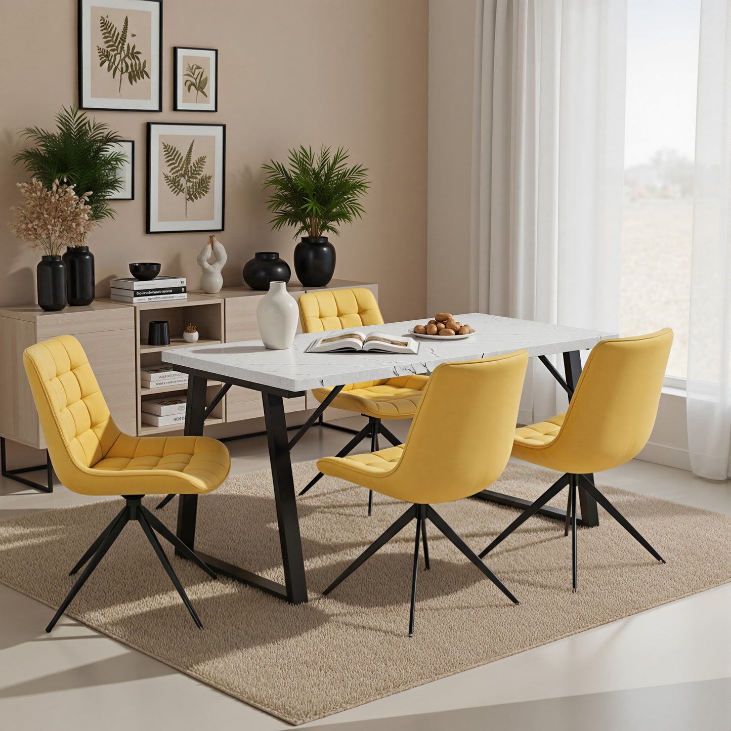 HOMAVO 5 Piece Dining Set — Comfortable 360° Swivel Dining Chairs, Includes 140×80cm Dining Table, Sturdy Metal Frame, Medium-Density Fibreboard Tabletop, Velvet or Faux Leather