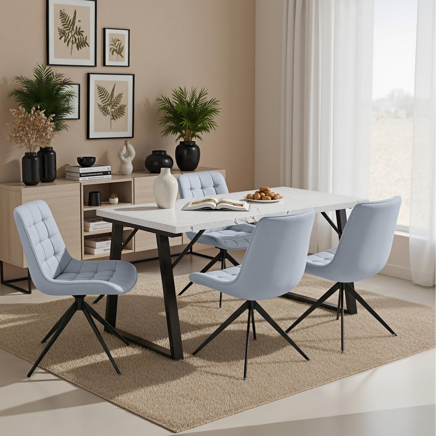 HOMAVO 5 Piece Dining Set — Comfortable 360° Swivel Dining Chairs, Includes 140×80cm Dining Table, Sturdy Metal Frame, Medium-Density Fibreboard Tabletop, Velvet or Faux Leather