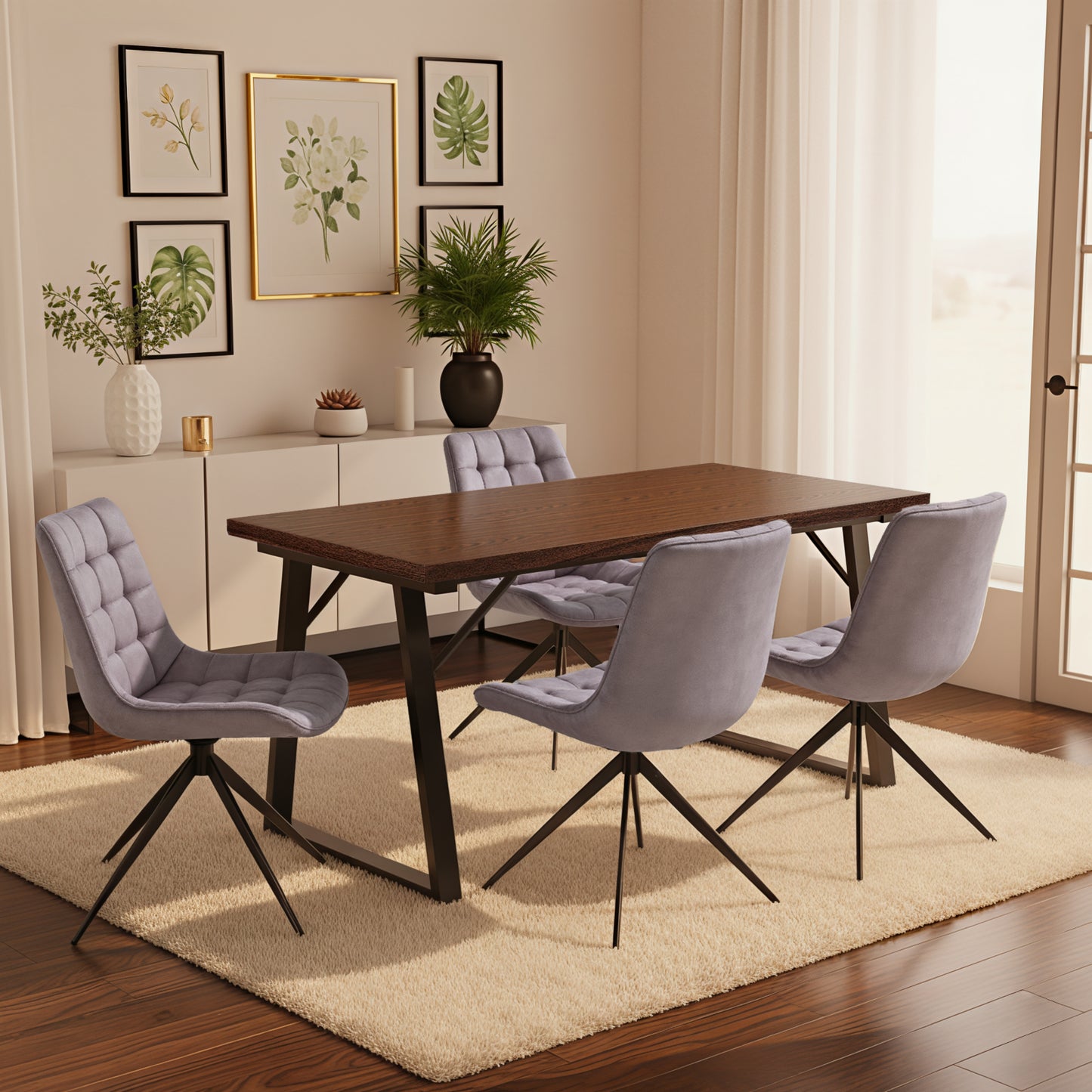 HOMAVO 5 Piece Dining Set — Comfortable 360° Swivel Dining Chairs, Includes 140×80cm Dining Table, Sturdy Metal Frame, Medium-Density Fibreboard Tabletop, Velvet or Faux Leather