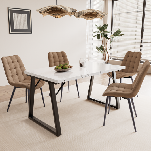 HOMAVO 5-piece dining chair set – 140×80 cm dining table with 4 chairs, sturdy metal frame, MDF tabletop, velvet or fabric cover