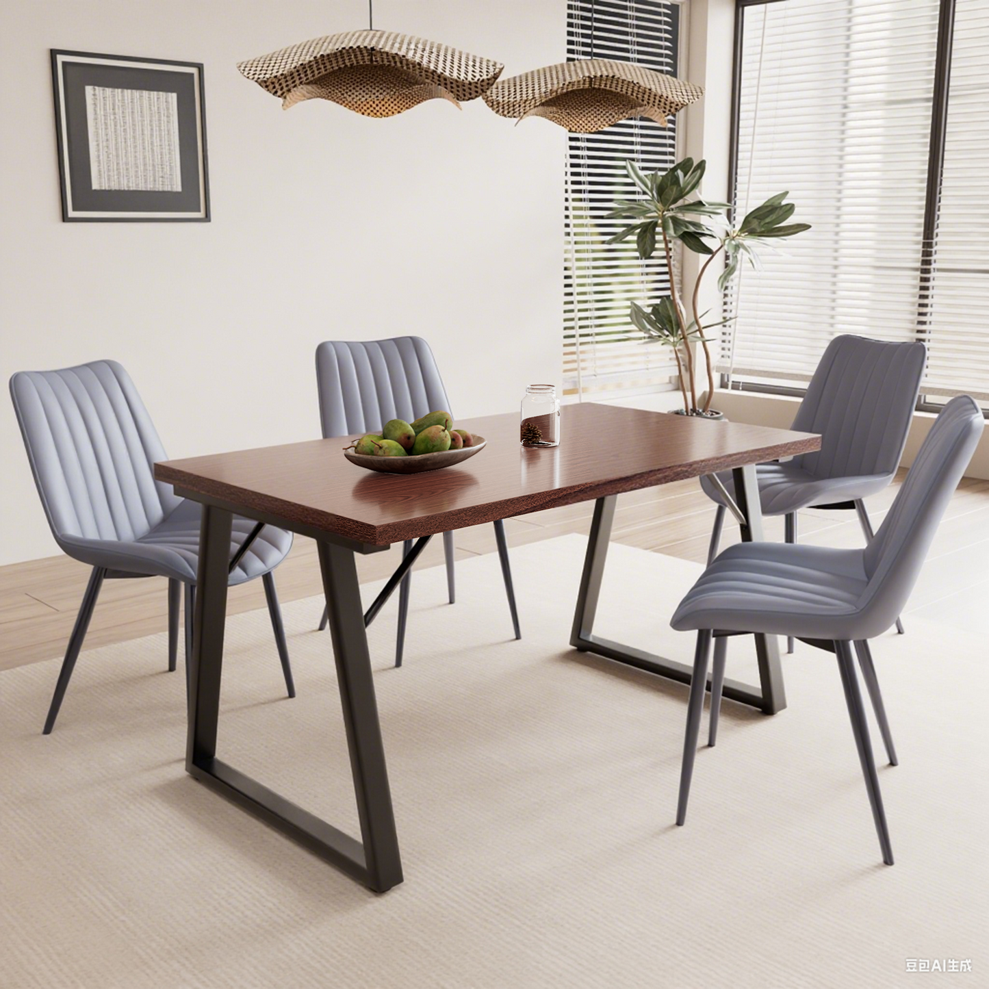 HOMAVO 5-Piece Dining Set – 4 Velvet/PU Chairs + 140cm Rectangular Table